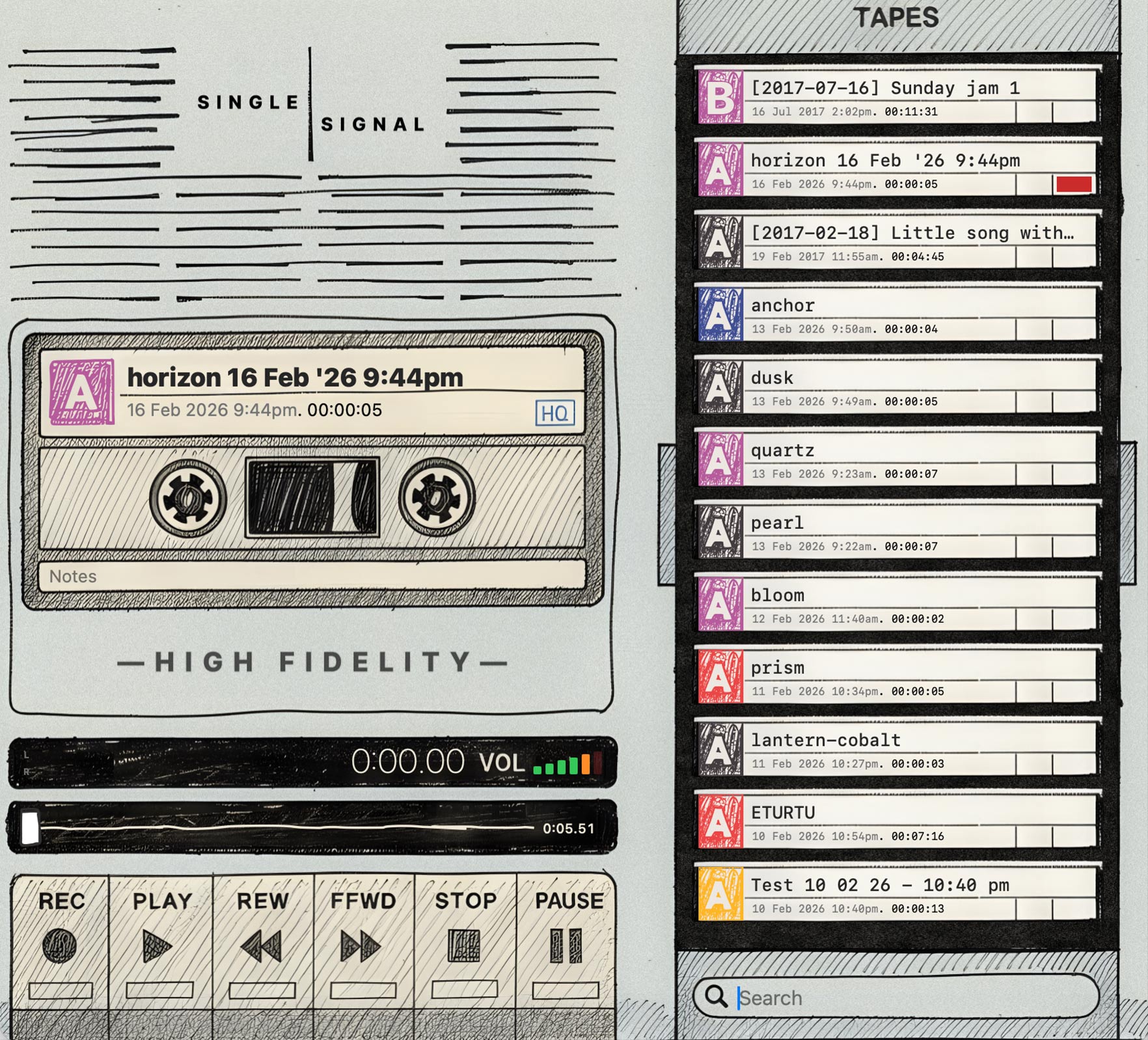 Dubble app screenshot showing the cassette deck interface and tape library
